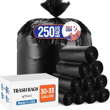 Delxo 30-33 Gallon Trash Bags, 250 Count – Medium Duty Garbage Bags, Thick, Durable & Puncture-Resistant Plastic Bolsas para basura, Perforated Design– Made in USA for Kitchen, Yard, Office (Black)